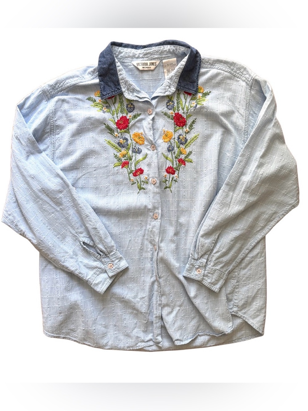 Victoria Jones Embroidered Floral Chambray Denim Top 22W